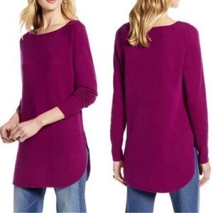 Halogen Scoop Neck Pure Cashmere Tunic Sweater in Magenta